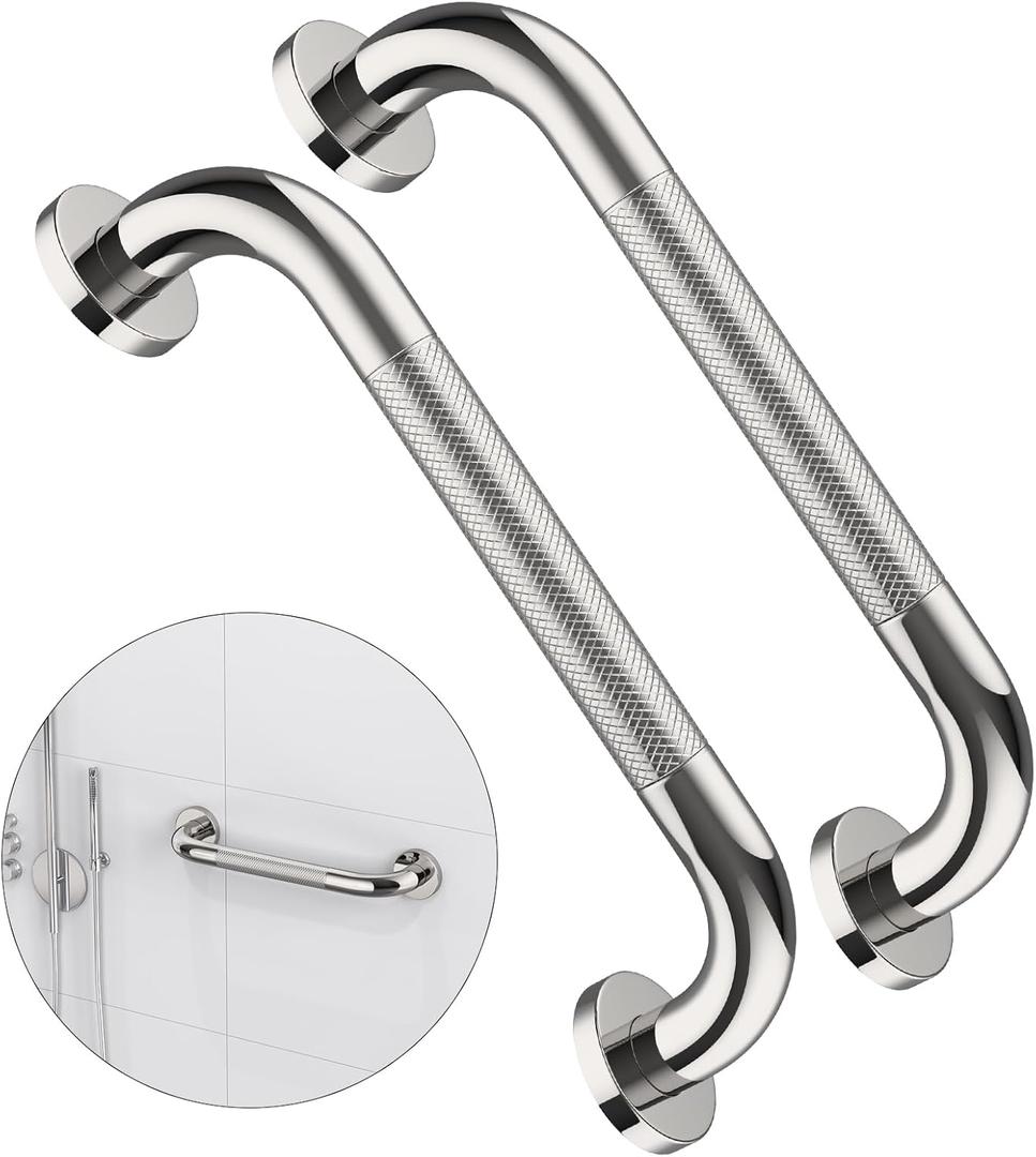2 Pack 12 Inch Anti Slip Shower Grab Bar Handle, ZUEXT Chrome Stainless Steel Bathroom Grab Bar, Knurled Bathroom Balance Bar,Safety Hand Rail Support,Handicap Elderly Injury Senior Assist Bath Handle