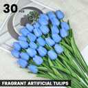 30 PCS Artificial Tulips Real Touch Tulips 13.5inch Long Stem Fake Flowers Silk Flowers for Spring Easter Mother's Day DecorationsLight Blue