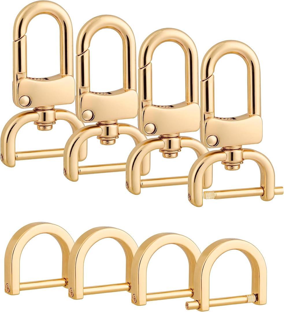 4pcs Detachable Snap Hook Swivel Clasp with 4pcs D-Rings Screw in Shackle for DIY Purse Strap Replacement (Gold,3/4 inch)
