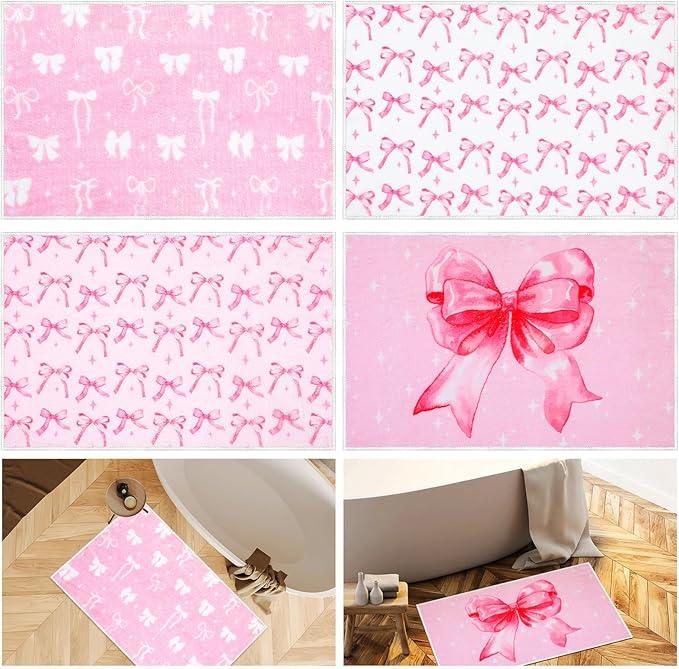 Maasechs 4 Pcs Christmas Pink Bow Bathroom Mat 16 x 24 Inch Coquette Bath Mat Room Decor Non Slip Absorbent Pink Bow Rug Washable Nonslip Doormat for Front Door Outdoor Housewarming Gift