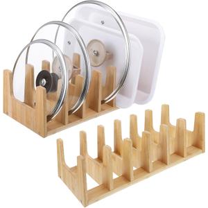 Suclain 2 Pcs Bamboo Pot and Pan Organizer Plate Holder for Cabinet Drawer Countertop, Pot Lid Dish Rack for Cabinet Storage Cutting Boards, Baking Pans, Plates, 12 Sections in Total