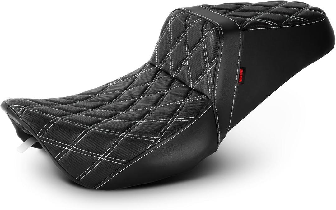 One-Piece Driver and Passenger Seat with Diamond Pattern Stitching Fit for Harley Touring Road King 1997-2007 Street Glide 2006-2007 (White Stitching)