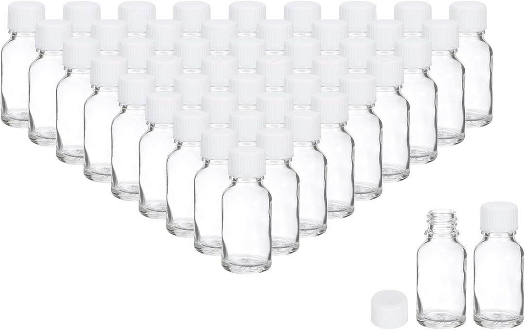 PATIKIL 0.5oz(15ml) Glass Sample Bottles, 48Pcs Round Bottle Dispensing Bottles with White Poly Cone Cap for Reagent Liquids, Juice, Perfume Hot Sauce Ginger Shots, Transparent