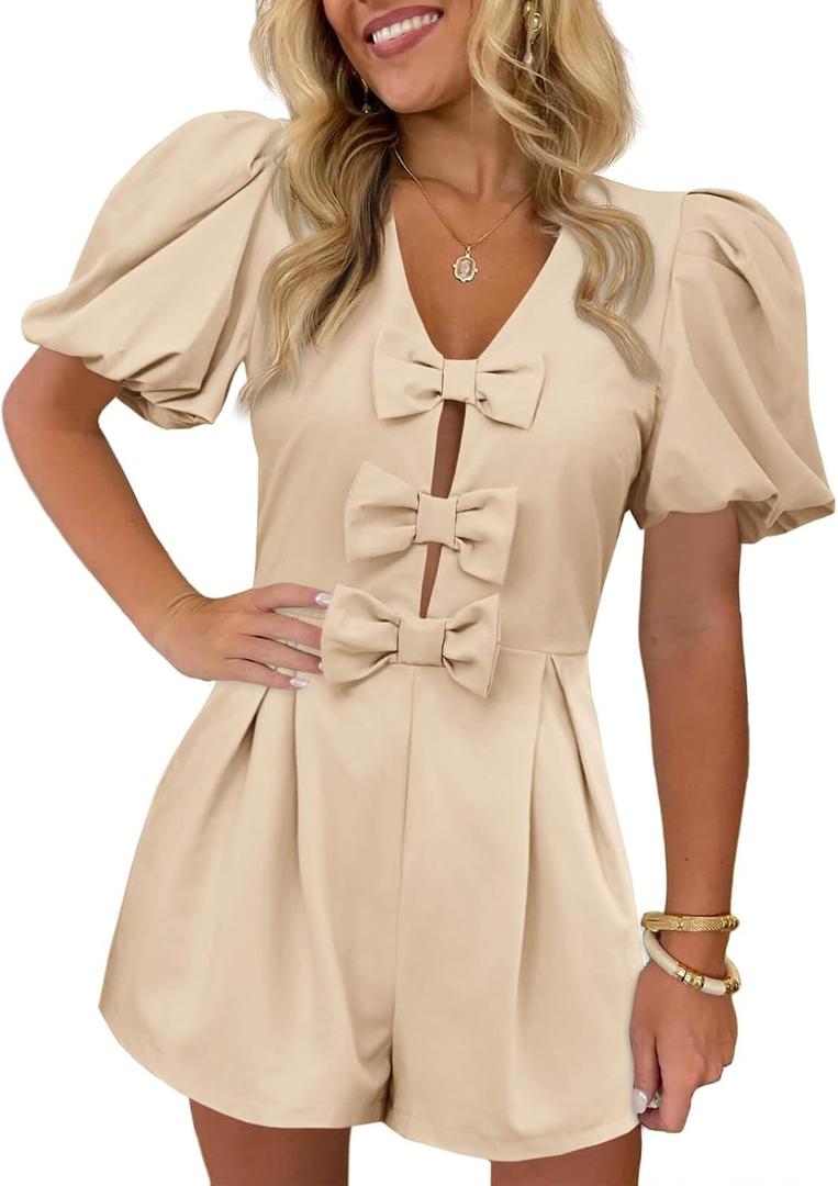 Cicy Bell Womens Cute Rompers Bow Front Puff Sleeve V Neck Short Jumpsuits Sexy Summer Outfits with Pockets (L)