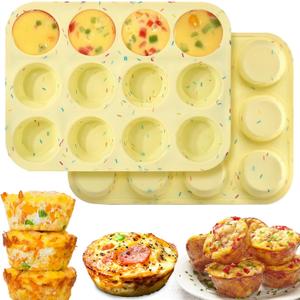 Palksky Silicone Egg Bite Molds, 2Pack 12-Cavity Muffin Pan for Baking, Tarts, Nonstick Cupcake Pan (Yellow 2PCS)