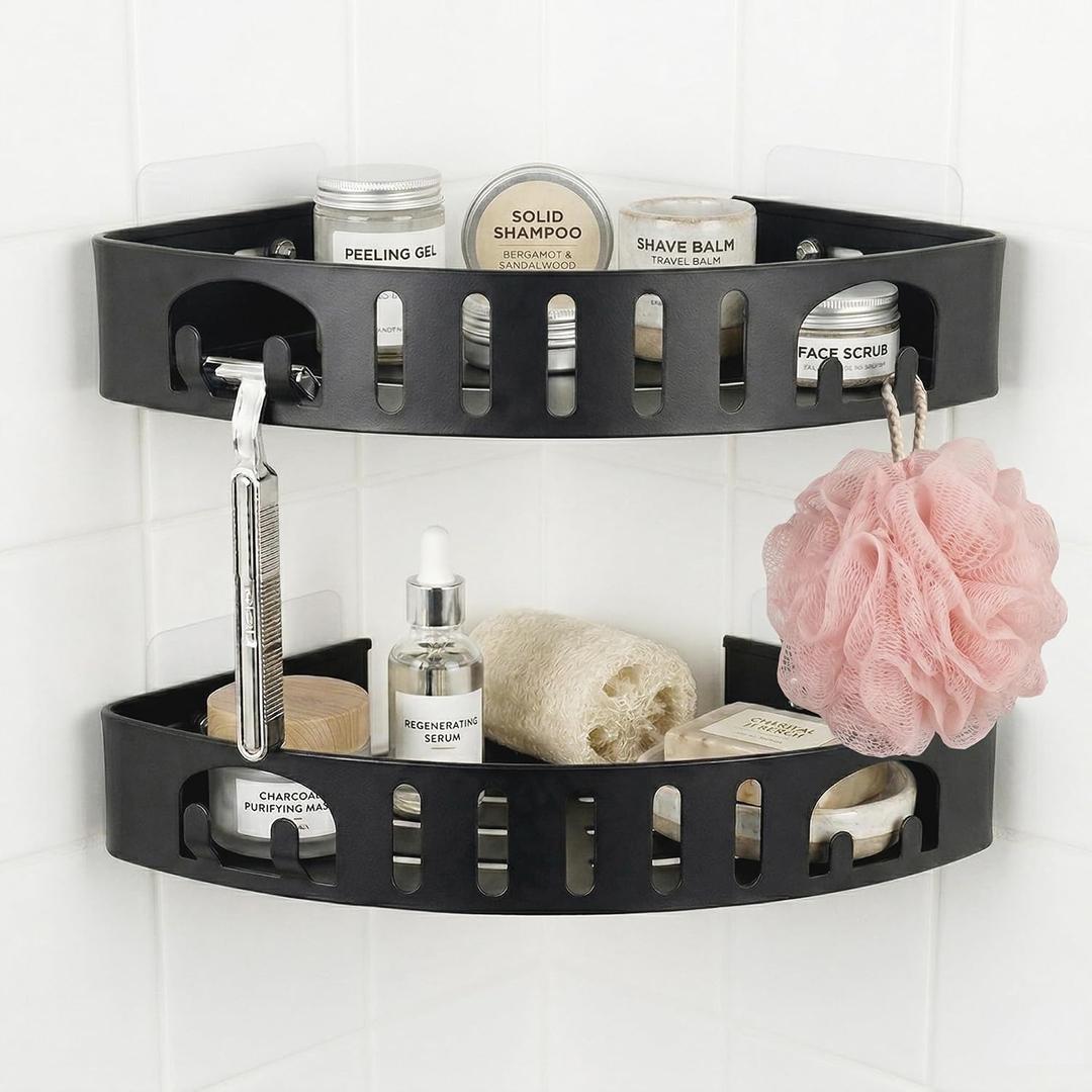 Adhesive Corner Shower Shelf No Drill | Rust-Proof Aluminum Alloy Stick On Bathroom Organizer with Shaving Holder for Shampoo, Conditioner, Soap, Razors Black 2Pack