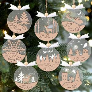 GuassLee 16pcs Winter Christmas Hanging Ornaments for Tree - 3D Wooden Acrylic Christmas Cutouts Reindeer Snowman Snowflake Ornaments for Xmas Tree Gifts Winter Party Supplies (Khaki)