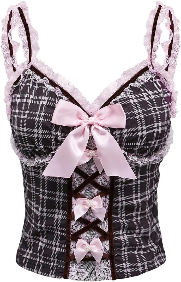 GORGLITTER Women's Leopard Print Bow Knot Cami Tops with Lace Cheetah Sleeveless Tank Tops Streetwear Y2k (Large, Black)