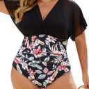 Blooming Jelly Women's Plus Size Swimsuit One Piece Bathing Suit Tummy Control Mesh V Neck Maternity Swimwear (4X-Large, Black Floral Print)