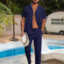 Men Summer Casual Short Sleeve Pant Sets Solid Button Down Shirt Elastic Pants 2 Piece Outfits Beach Tracksuit, Large 