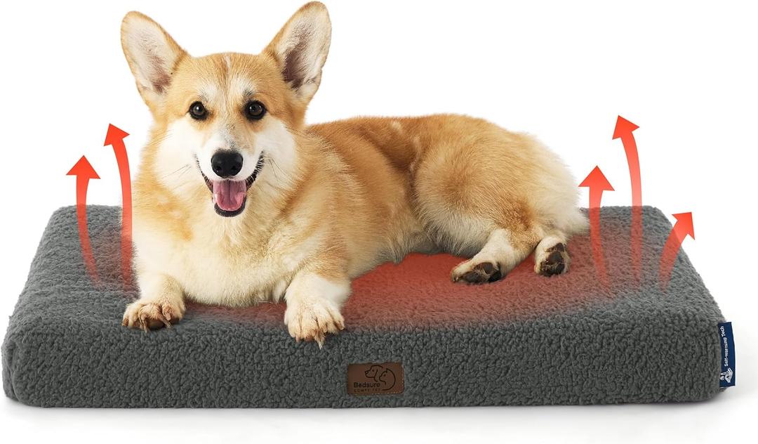 Bedsure Self Warming Dog Bed for Medium Dogs - Comfy Cat Beds with Removable Washable Cover, Orthopedic Egg Crate Foam Pet Mat, Suitable for Pet Up to 30 lbs (Non Electric) (Ashen Grey-Self Warming Version)