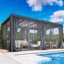 12' x 20' Louvered Pergola, Outdoor Pergola with Curtains & Netting, Metal Patio Pergola with Adjustable Louvers Roof and Gutter System, Metal Hardtop Gazebo for Patio, Deck, Garden, Yard, Dark Gray