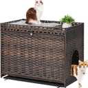 Cat Litter Box Enclosure with Soft Litter Mat; Hidden Cat Washroom Furniture with Door; Handwoven Rattan Cat House with Large Space; Pet Crate for Living Room, Bedroom, Balcony (Brown)