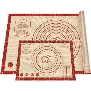 2 Pack Non Stick 26''x16'' Extra Large Thick Silicone Pastry Mat and 11''x16'' Cooking Mats, Double Measures Scale for Non-slip Silicone Baking Sheet,Counter Mat, Dough Rolling, Reusable Bakeware Mats (Red)