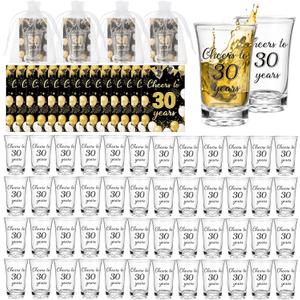 50 Set 30th Birthday Party Favors for Guests Black Gold 30 Years Old Acrylic Clear 1 oz Shot Glasses with Thank You Cards Gift Bags