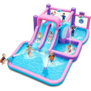 Inflatable Water Park Double Slide Bouncy House with Splash Pool, Water Gun, Basketball, Climbing Wall, Dual Pools for Outdoor Party,164 * 238 * 67 inches with 520W Blower Ages 3-12, Large