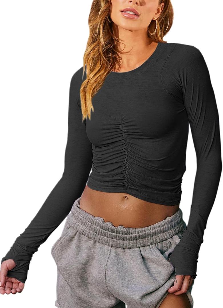 Vivitulip Women's Long Sleeve Shirts Basic Fall Ruched Slim Fitted Crop Tops Tight Athletic Blouse with Thumb Holes (XX-Large, Black)
