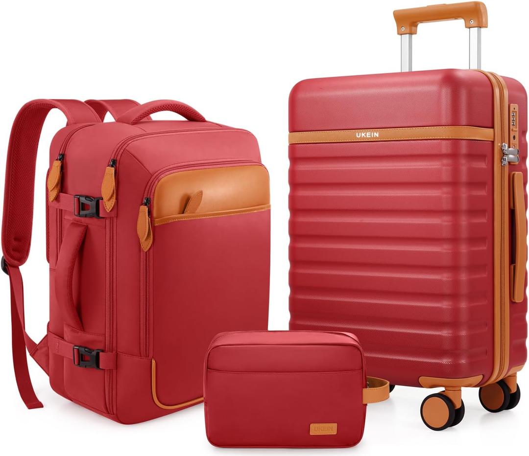 UKEIN Luggage Sets 3 Piece, Carry On Luggage 20In With Spinner Wheels,PC Hardside Suitcase Set with TSA Lock,Durable Carry On Suitcase With Travel Backpack for Men Red, 3 piece set (20inch)