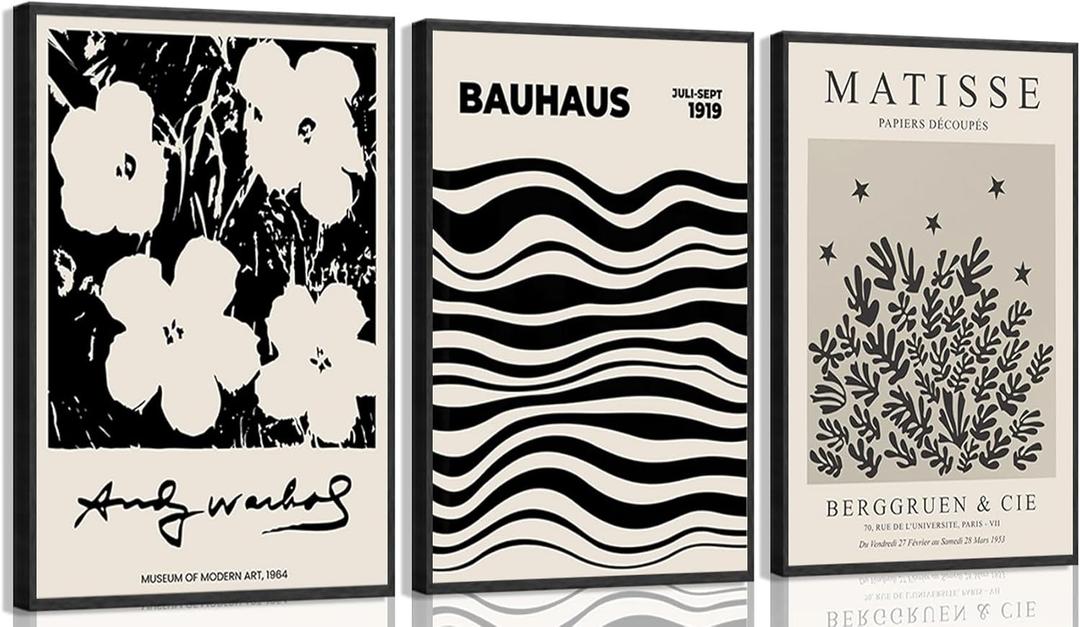 Dabiutc 3pcs Black Matisse Wall Art Black and Beige Flower Posters Artwork Abstract Matisse Painting Pictures Wall Decor for Home Kitchen Bedroom Bathroom Living Room Home Decoration 12x16in Unframed (16L"x12W")