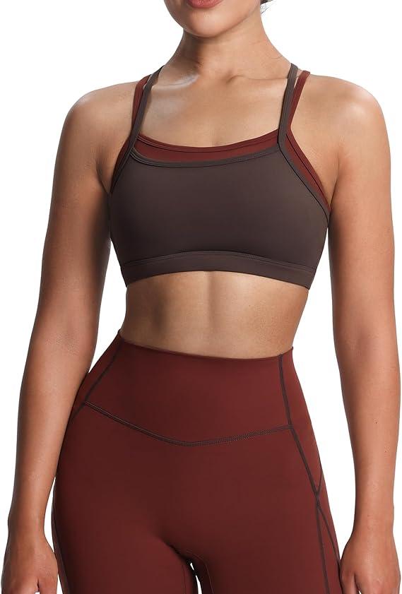 Aoxjox Women's Workout Sports Bras Takes Two Bra High Impact Training Fitness Running Yoga Crop Tank, Brown, XL