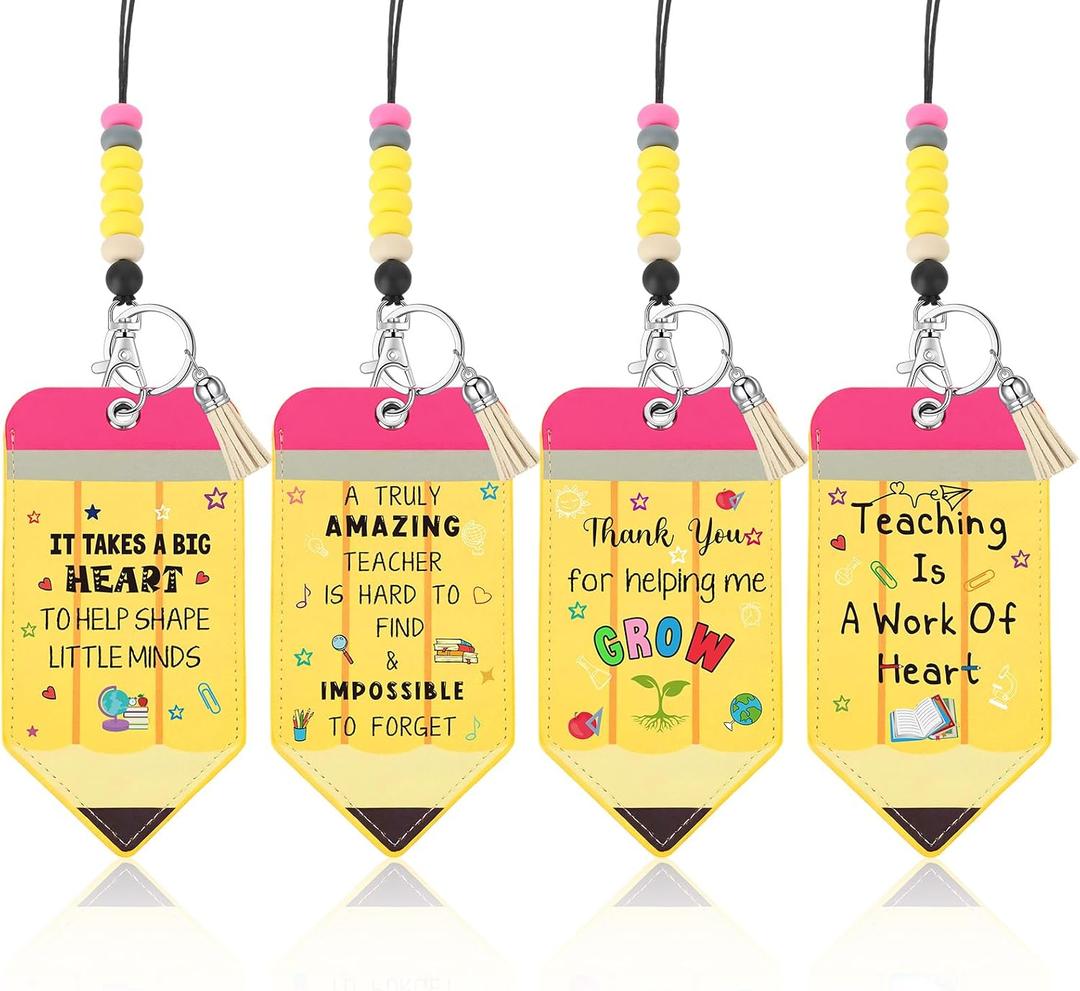 Geyoga 4 Pcs Teacher Lanyard with ID Holder Bulk Back to School Gifts Retractable ID Badge Holder with Wood Bead Decor for Office First Day of School Year Teacher Gifts(Pencil)