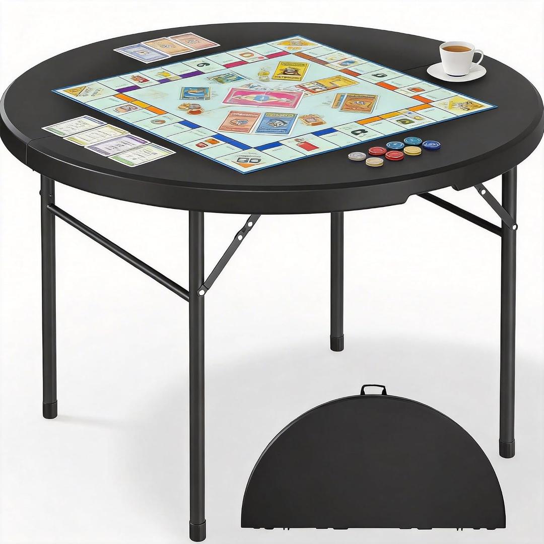 DWVO 48 Inch Folding Table for Outdoor/Indoor, Round Folding Table w/Sturdy Metal Frame, Lightweight Yet Thick Table Top Ideal for Patio Backyard Dining Room Events, Black