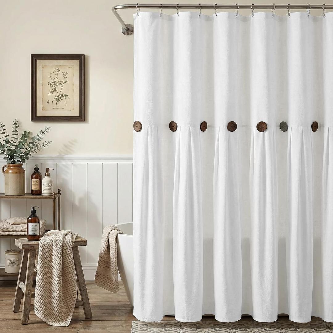 Farmhouse Shower Curtain Linen Button Woven Fabric Country Rustic Western, White 72" W x 72" L