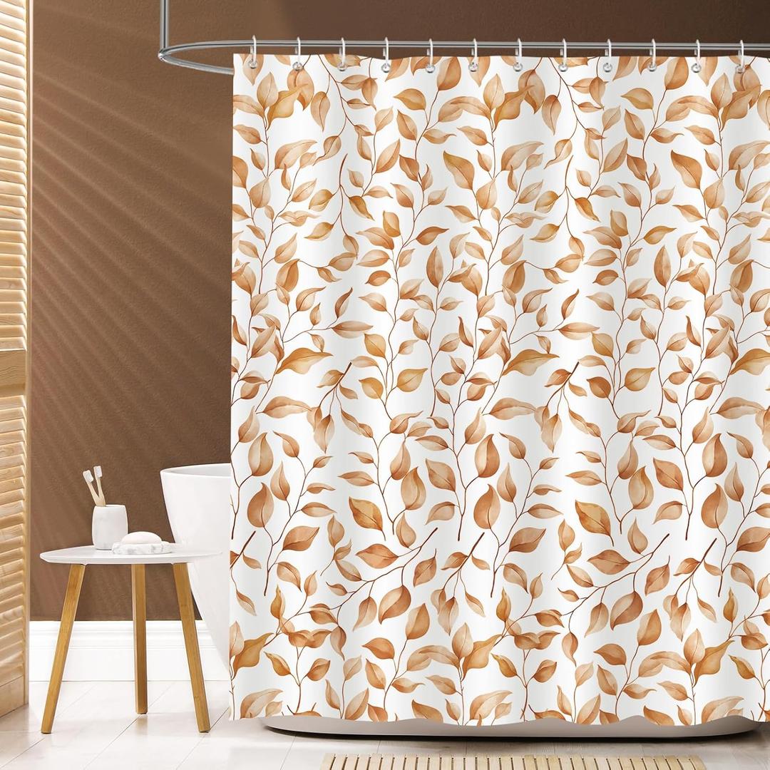 Orange Leaves Shower Curtain Gold Watercolor Botanical Modern Shower Curtain Set for Bathroom Vintage Fall Autumn Plant Decor Fabric with Hooks, 7272 in (Yellow)