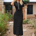 MEROKEETY Women's Spring Summer Ribbed Maxi Dress 2026 Bodycon V Neck Button Short Sleeve Slim Fit Knit Sweater Dresses (Black, XL)