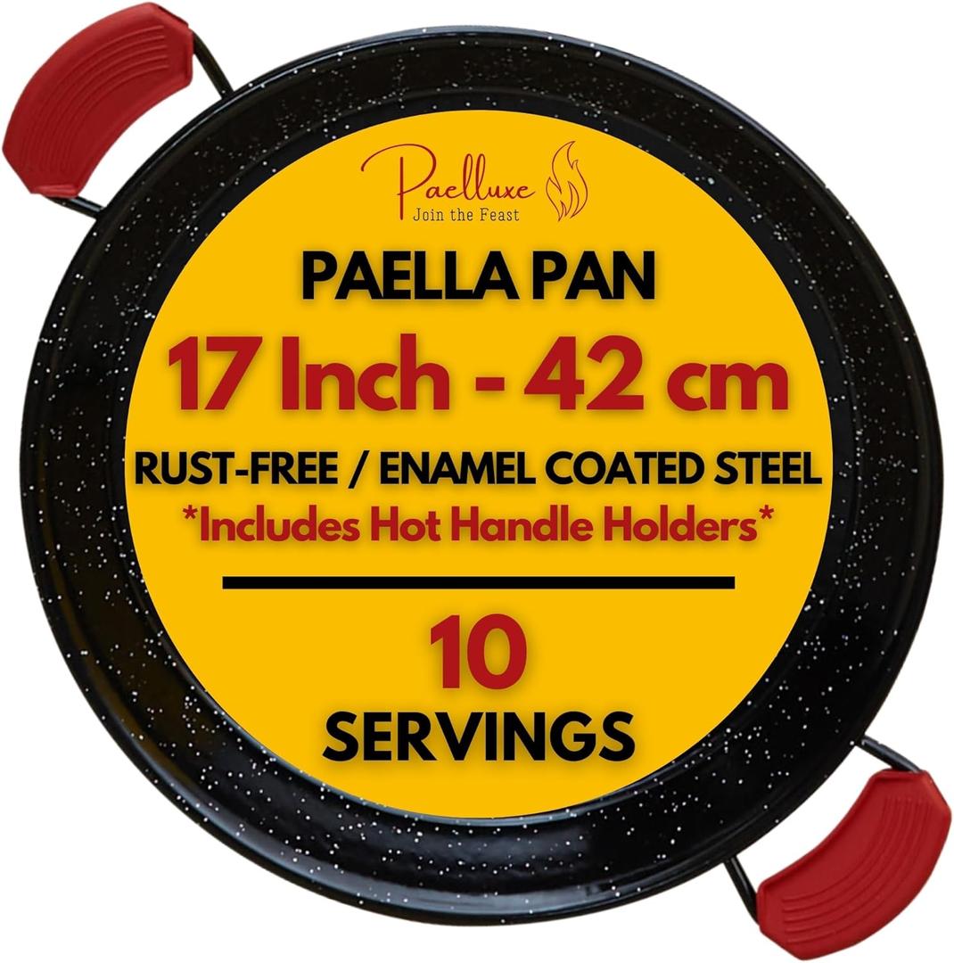 Paelluxe Paella Pan Enamelled, No-Rust Steel Skillet for Propane & Gas Burners Easy-to-Clean Pan for Indoor & Outdoor Cooking Cacerola Paellera Sarten 17 Inch, for 10 Servings