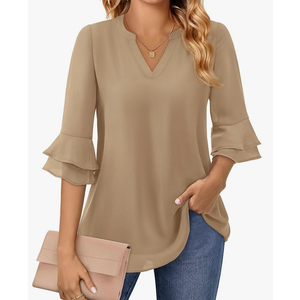 Flutter 3/4 Length Sleeve Womens Tops Dressy Casual Chiffon Blouse Double Layer Business Work Tunic Shirts, L