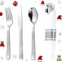 WELLIFE 50 Pack Silver Plastic Silverware,Wrapped Silverware Set Disposable,Hammer Pattern Design,Includes:50 Forks, 50 Knives, 50 Spoons, 50 Napkins,Utensils Plastic Disposable for Christmas