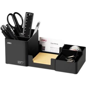 deli Desk Organizer, Plastic Desktop Organizer with Pencil Holder and Sticky Note Tray, Office Stationery Supplies Organizers Accessories Caddy, 6 Compartments, Black