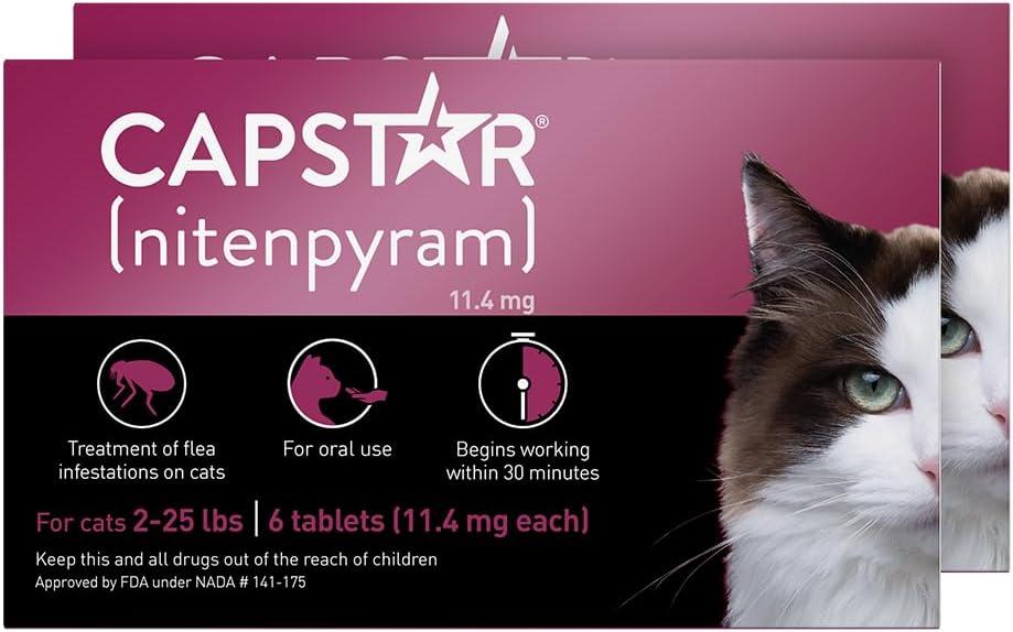 Capstar (nitenpyram) Cat Flea Treatment, Fast-Acting Oral Flea Treatment for Cats 2-25 lbs, Vet-Recommended Medication Tablets Start Killing in 30 Minutes, 12 Doses (Includes Two 6-Count Boxes)