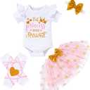 Newborn Baby Girl Outfits Infant Letter Print Romper+Tutu Skirt+Headband+Legging Warmer Coming Home Clothes Set (0-3 Months, Dot Pink)