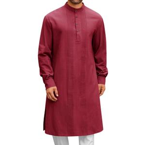 Runcati Mens Kaftan Robe Button Down Long Sleeve Cotton Linen Thobe Casual Muslim Gown Henley Shirt, L