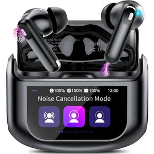 Wireless Earbuds Bluetooth 5.4 ANC Noise Cancelling Headphones 32H Playtime,Earphones with Multifunction Touch Screen Case,HiFi Stereo,IPX7 Ear Buds Built-in Mic for iOS Android(Black) 