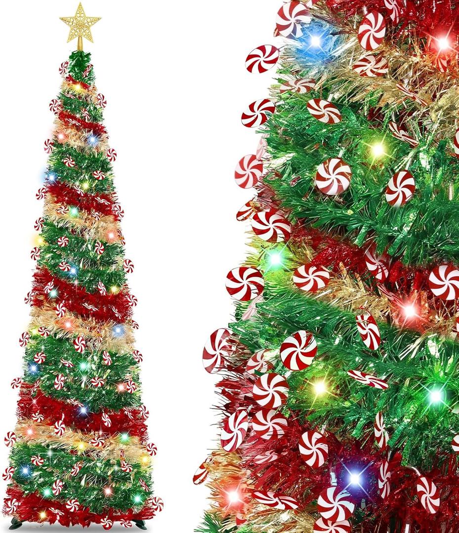 5 Ft Pop Up Christmas Tree with Lights, Red Green Gold Skinny Tinsel Pencil Tree Lollipop 50 Colorful Light Timer Battery Operated Christmas Tree Collapsible Xmas Decoration for Home Holiday Indoor