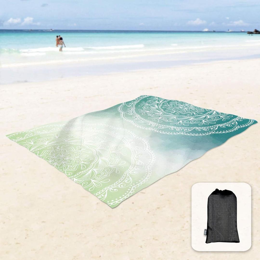Sunlit Silky Soft Sand Proof Beach Blanket 106"x81" / 85"x72" Sand Proof Mat with Corner Pockets and Mesh Bag for Beach Party, Travel, Camping and Outdoor Music Festival, Mandala (Tiffany Green)