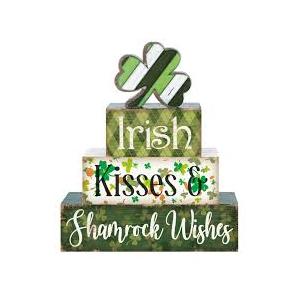 Huquary 4 Pcs St Patricks Day Table Decorations Shamrocks St. Patrick's Day Tiered Tray Decor Irish Clover Blocks Lucky Print for Party Home Desk(Fresh Style)