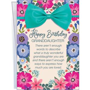 Chuck's Card-O-Rama Birthday Card For Granddaughter - Large Card Opens To 10  7.75 - Lovely lavender and purple flowers topped off with a gorgeous teal ribbon and bow - MADE in USA D#95366