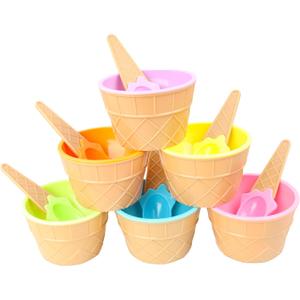 6 PCS Reusable Plastic Ice Cream Bowls with Spoons Colorful Cartoon Ice Cream Cups for Sundaes, Frozen Yogurt, and Summer Party Desserts