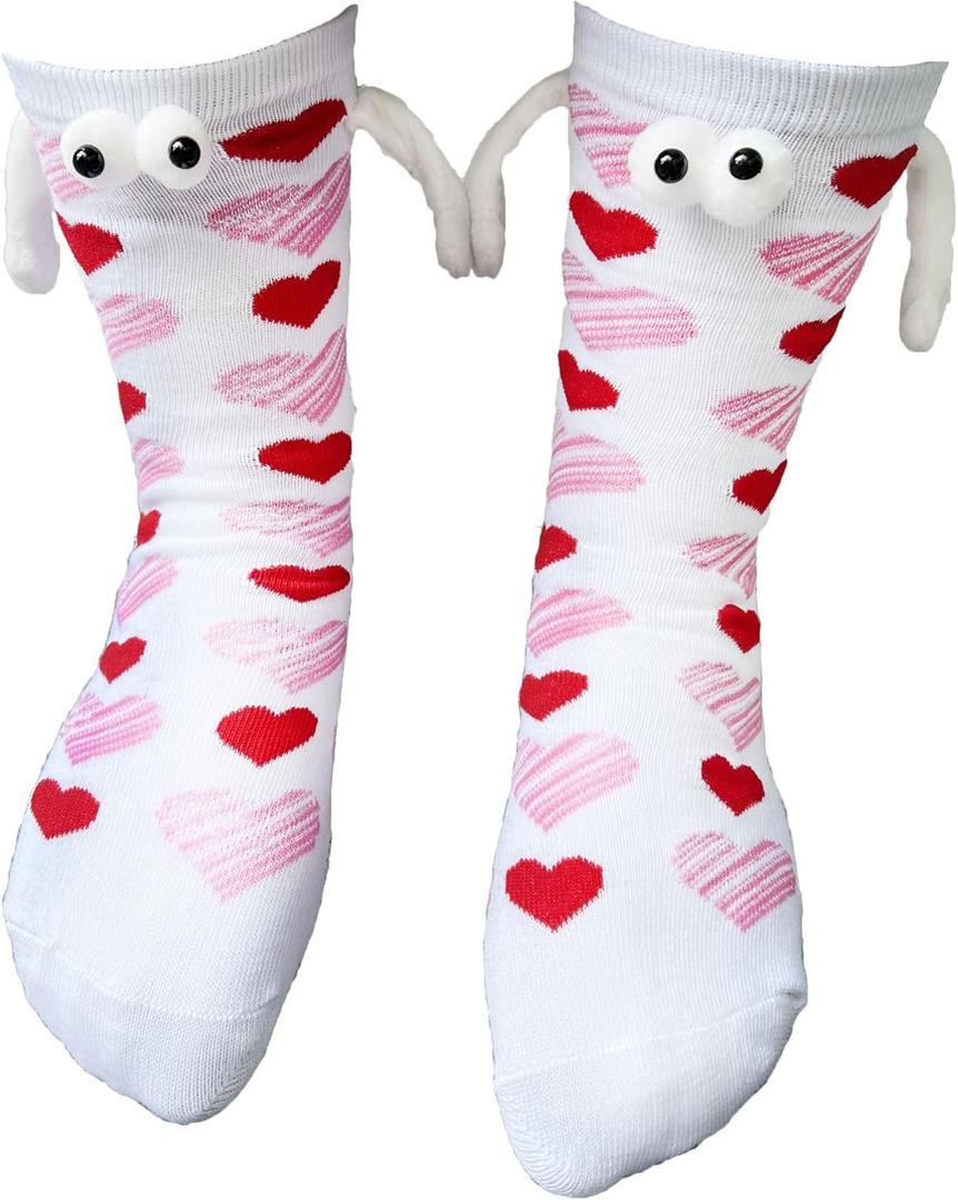 Pingyongchang Valentine's Socks for Women 3D Eyes and Magnetic Holding Hands Funny Novelty Love Heart Lips Socks (White)