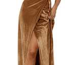 MEROKEETY Women's V Neck Wrap Velvet Maxi Dress Bell Sleeve Split Bridesmaid Cocktail Party Dresses, Golden, X-Large