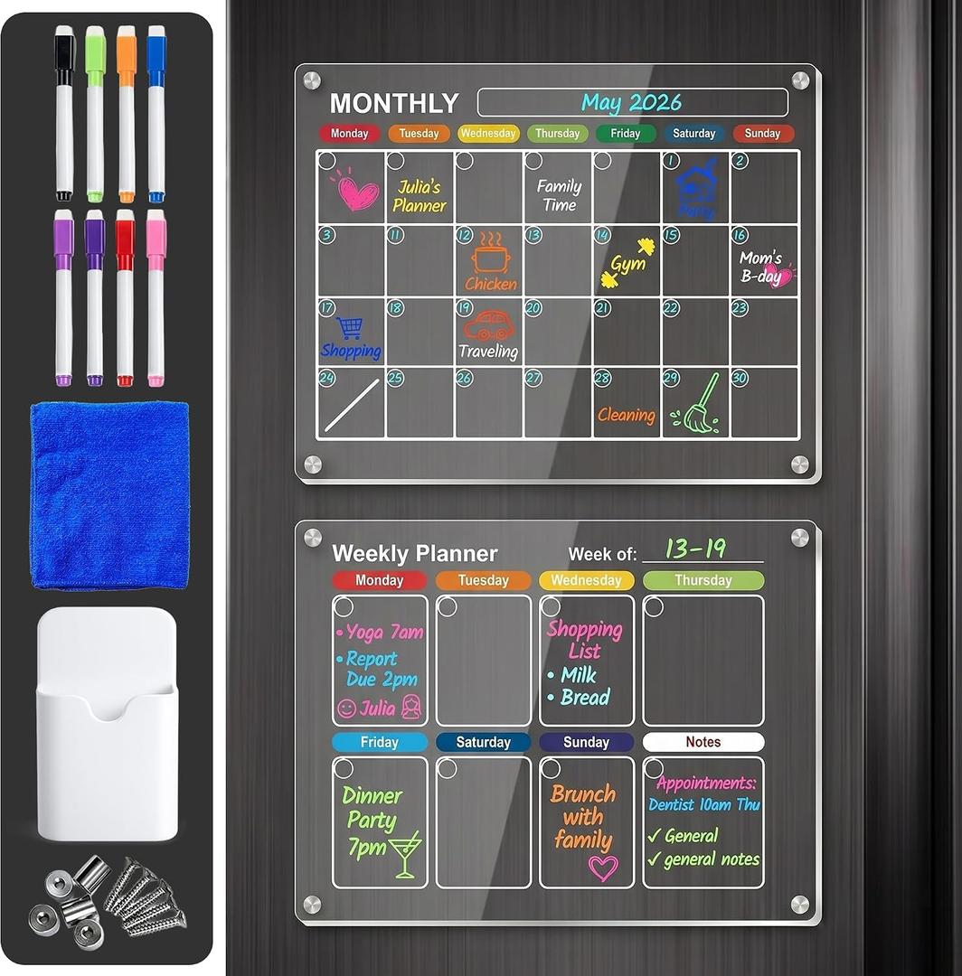 2-Pack Premium Acrylic Magnetic Calendar for Fridge - Clear Dry Erase Board for Refrigerator (16"x12" Monthly & 13"x9" Weekly Planner) Includes 8 Vibrant Markers & Eraser, Ultra Strong N52 Magnets