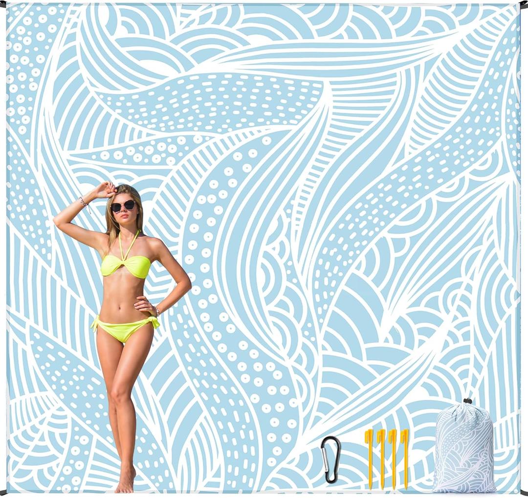 Beach Blanket Waterproof Sandproof Beach Mat for 1-8 Adults Quick Drying Durable Outdoor Picnic Mat for Beach Festival Travel Camping Hiking (BL-Ripple, 120"108"(8 Person))