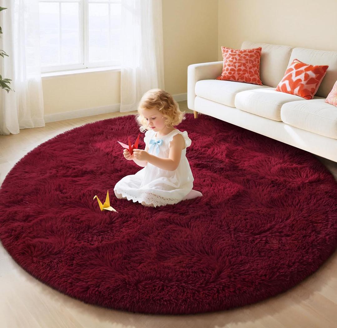EVOIONOS Burgundy Round Rug for Bedroom, 5x5 Ft Fluffy Soft Circle Area Rugs for Living Room, Plush Shaggy Circular Carpet for Indoor Floor Bedside Kids Nursery, Machine-Washable Home Decor Aesthetic