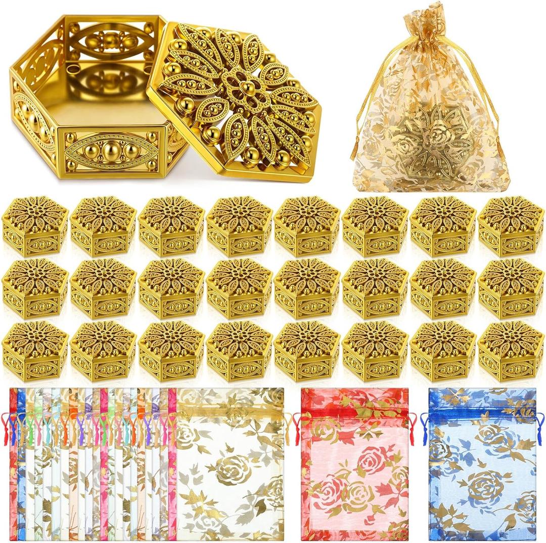 Gerrii 24 Pack Indian Return Gifts for Pooja Bulk Gold Hollow out Hexagon Plastic Candy Boxes with Colorful Organza Bags Indian Return Gifts for Pooja Diwali Wedding Housewarming Christmas (Classic)