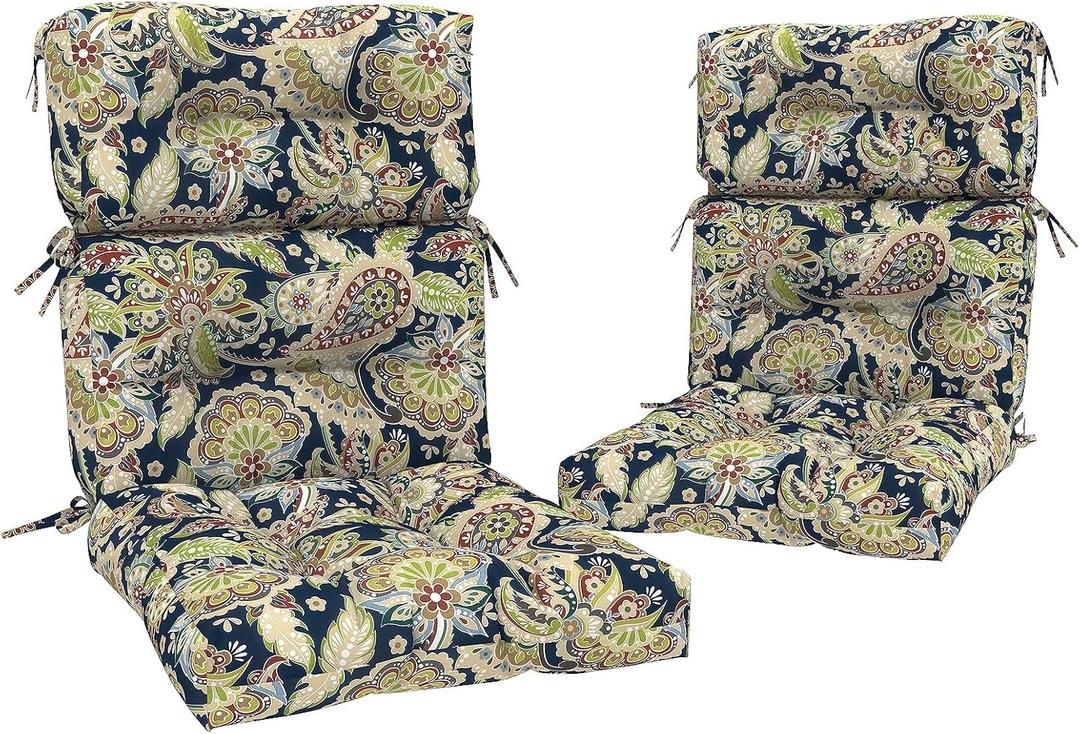 Outdoor High Back Chair Cushions Set of 2, Water-Resistant Chair Cushions for Patio Home Garden, Replacement Rocking Chair Cushion with tie 22" W x 20" D, Paisley Sapphire Blue, 44"x22"x4"