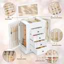 Emfogo Jewelry Box for Women, 5 Layer Large Wood Jewelry Boxes & Organizers for Necklaces Earrings Rings Bracelets, Rustic Jewelry Organizer Box with Rattan, Drawers and Mirror(Vintage White)